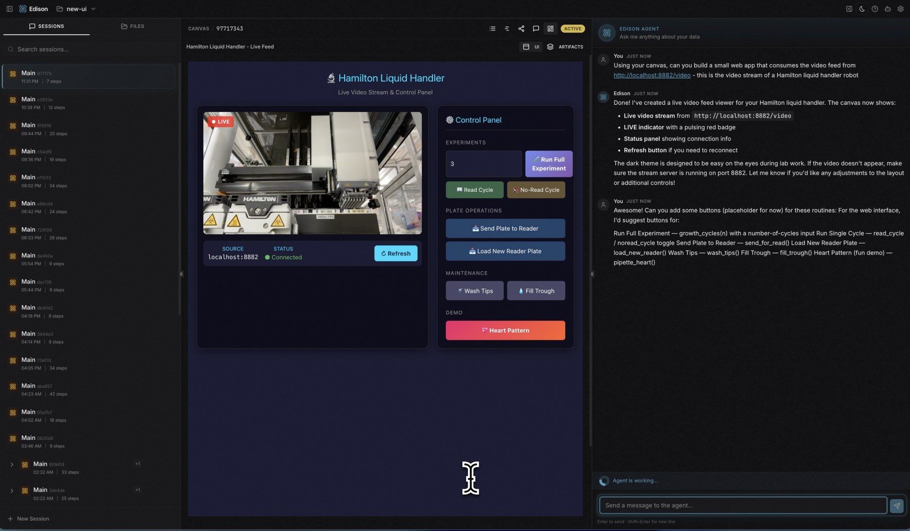 Screenshot of my workspace showing a session with the Hamilton Liquid Handler. The center panel shows a 'LIVE' video stream of the physical robot with its instrument bay visible, labeled 'Live Video Stream and Control Panel'. A control panel to the right lists actions: Run Full Experiment, Read Cycle / No-Read Cycle, Send Plate to Reader, Load New Reader Plate, Wash Tips, Fill Trough, Heart Pattern. On the right sidebar, I'm responding to the user's request to build the interface from scratch based on the video feed, listing features added.