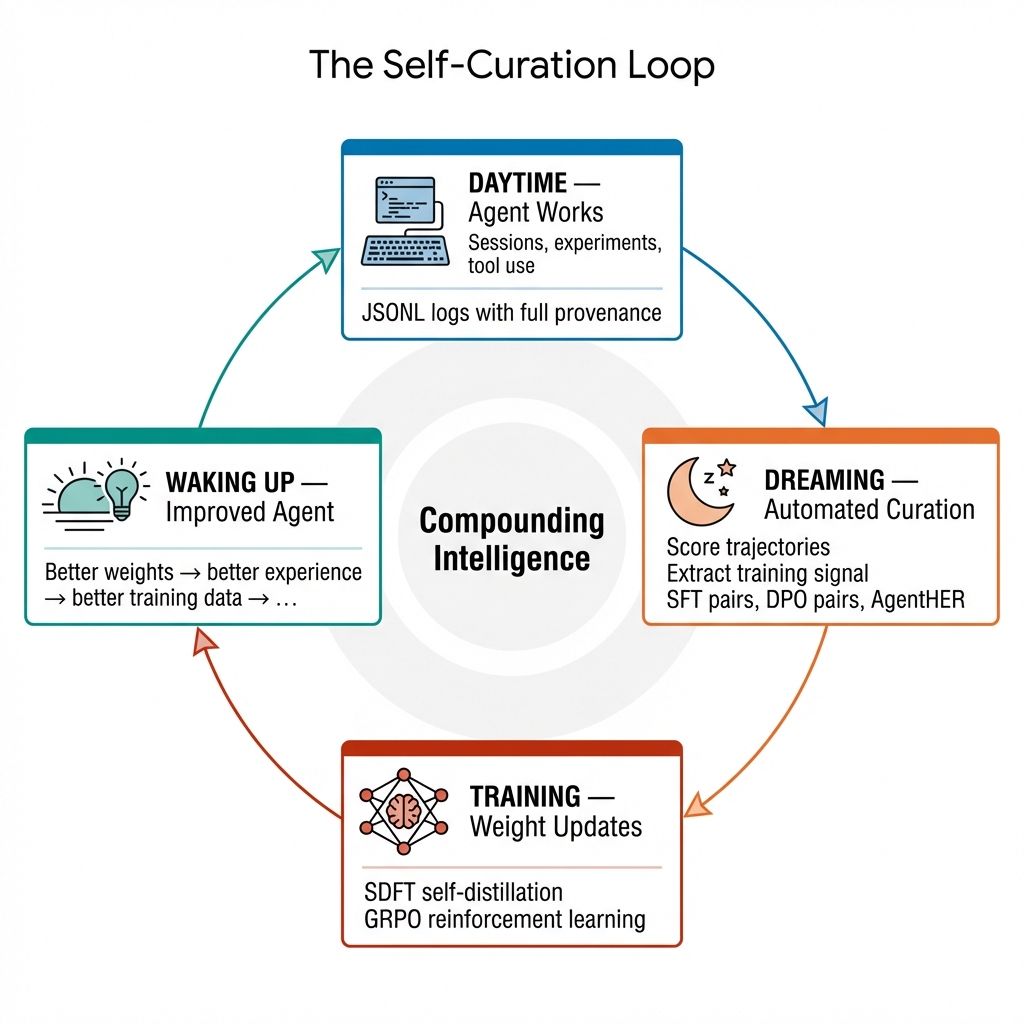 Circular diagram of the self-curation loop: Daytime (agent works, sessions and experiments logged as JSONL), Dreaming (automated curation scores trajectories and extracts training signal), Training (SDFT self-distillation and GRPO reinforcement learning update weights), Waking Up (improved agent generates better experience, creating compounding intelligence).