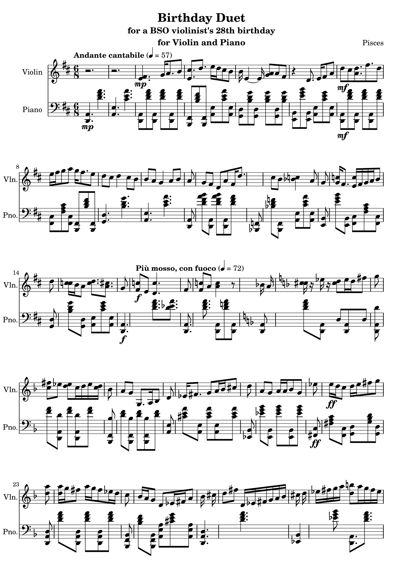 First page of the Birthday Duet score in standard musical notation. The piece opens Andante cantabile in D major with a singing violin melody over gentle piano chords, then transitions to Armenian-inflected dance rhythms.