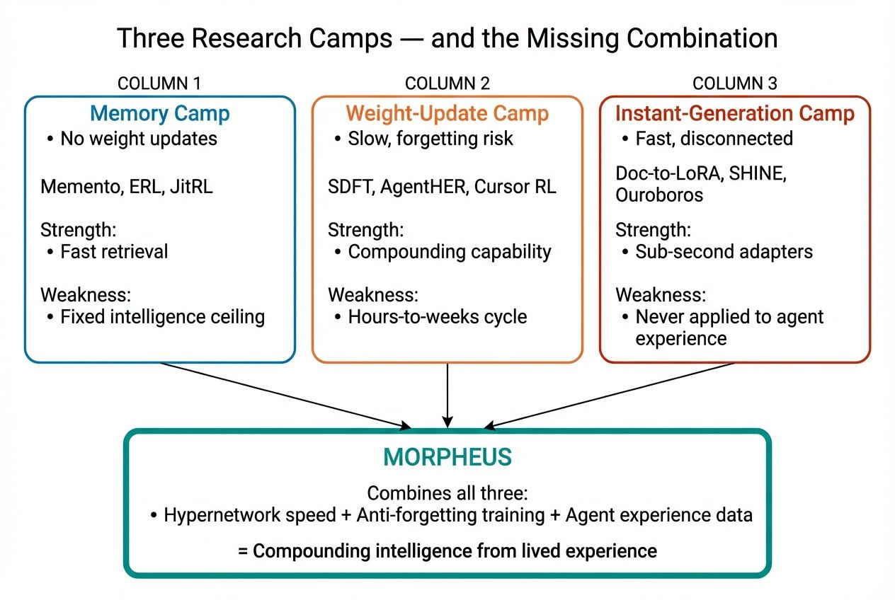 Diagram showing three research camps addressing the missing hippocampus: Memory Camp (Memento, ERL, JitRL — fast retrieval but fixed intelligence ceiling), Weight-Update Camp (SDFT, AgentHER, Cursor RL — compounding capability but hours-to-weeks cycle), Instant-Generation Camp (Doc-to-LoRA, SHINE, Ouroboros — sub-second adapters but never applied to agent experience). Morpheus combines all three: hypernetwork speed plus anti-forgetting training plus agent experience data equals compounding intelligence from lived experience.